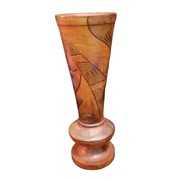 Hand-Carved Vintage Wooden Vase With Bird & Floral Design - Picture 8 of 10